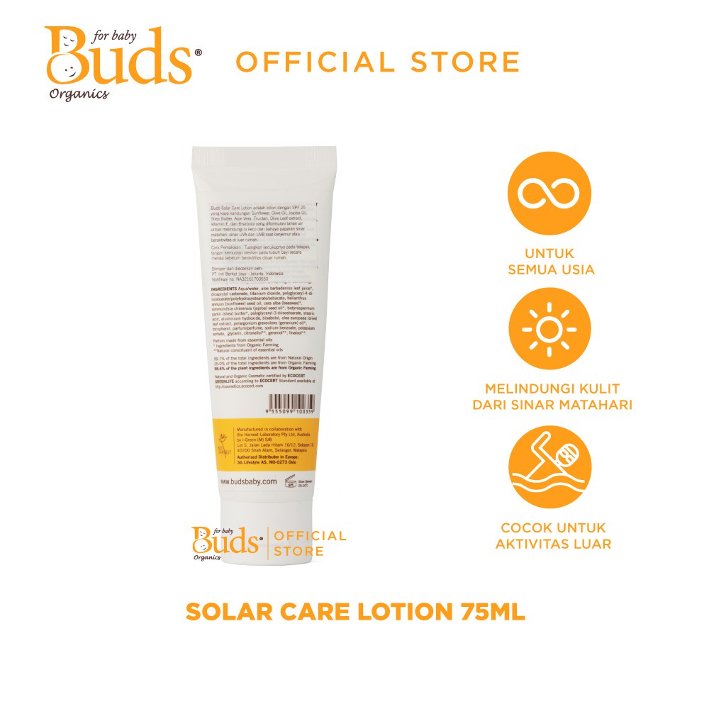 Buds Organic Solar Care Lotion 75ml SUNBLOCK- Tabir Surya / Sunblock Organik - BABY MINISTRY