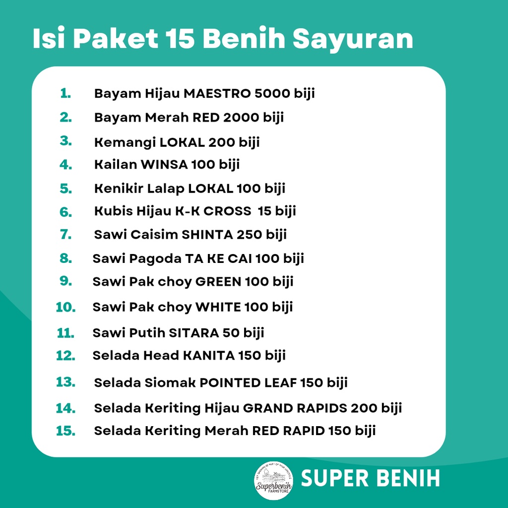 Paket 15 Jenis Benih Sayuran Daun untuk pemula, lengkap panen 25-30 harian, sawi, pakcoy, bayam, selada dll