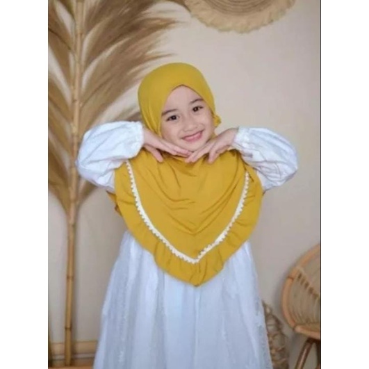 kerudung instan jersey bergo anak perempuan umur 3-8 tahun bahan jersey hyget jumbo renda rempel tali serut ped antem terbaru