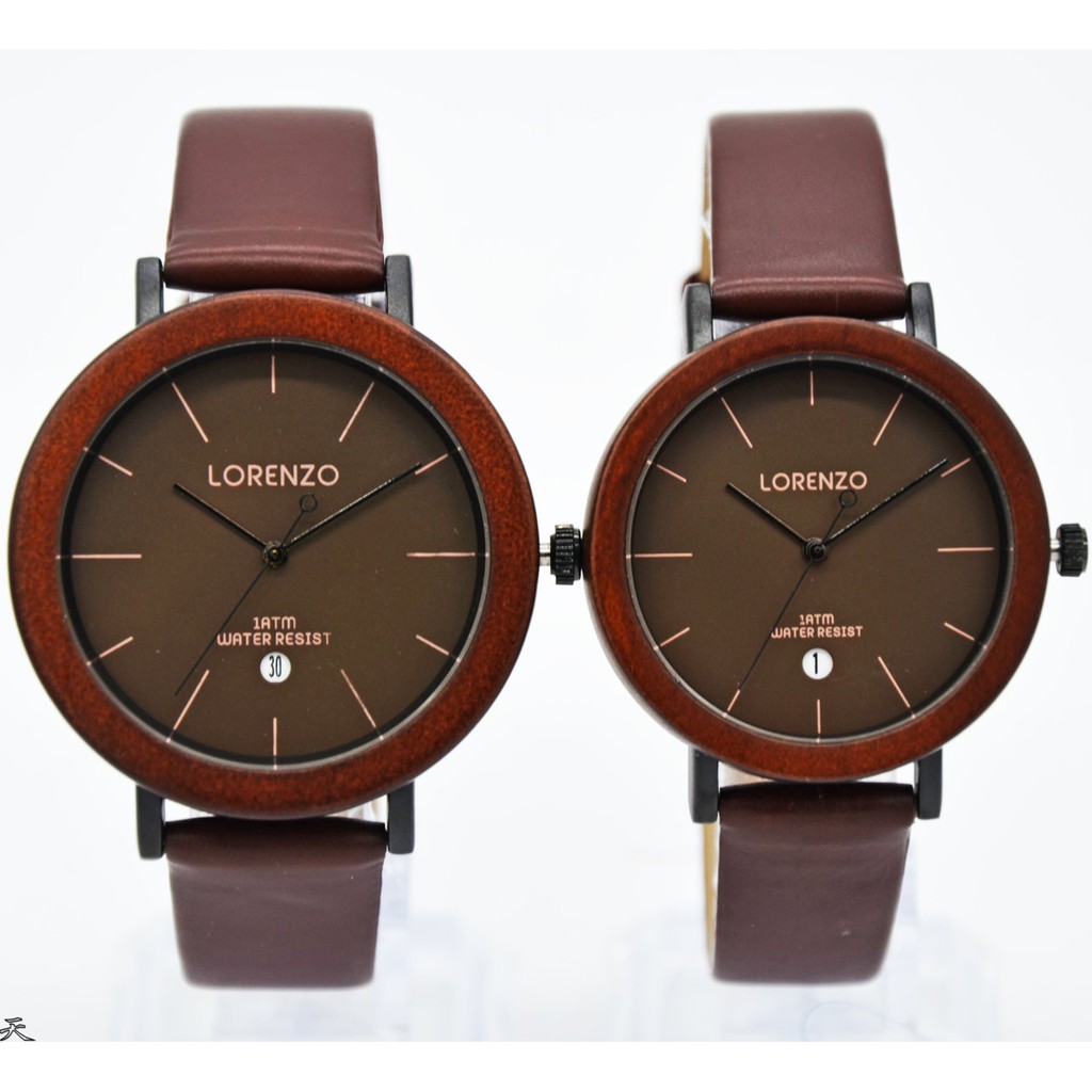 Lorenzo 1049 - Jam Tangan Couple Anti Air - Tali Kulit - Analog Quartz - Design Kayu - Original