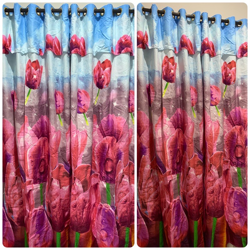 [ PINTU DAN JENDELA ] GORDEN SMOKRING + PONI MOTIF BUNGA TULIP PINK UNGU DASAR BIRU MUDA