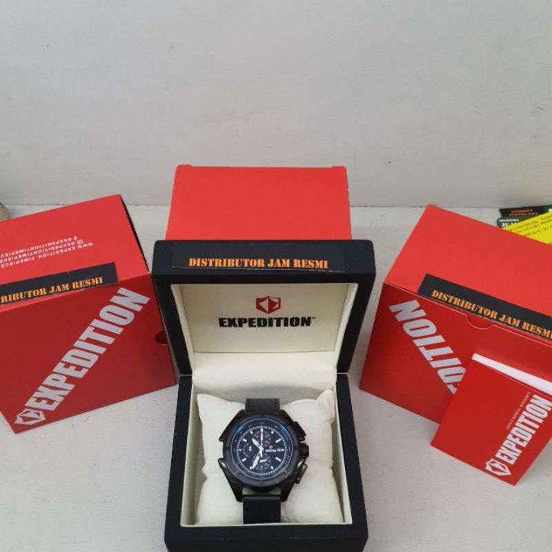 Jam Tangan Pria Expedition E6712M E 6712 M E6712 M E 6712M All Black Dial Black Leather Cronograph