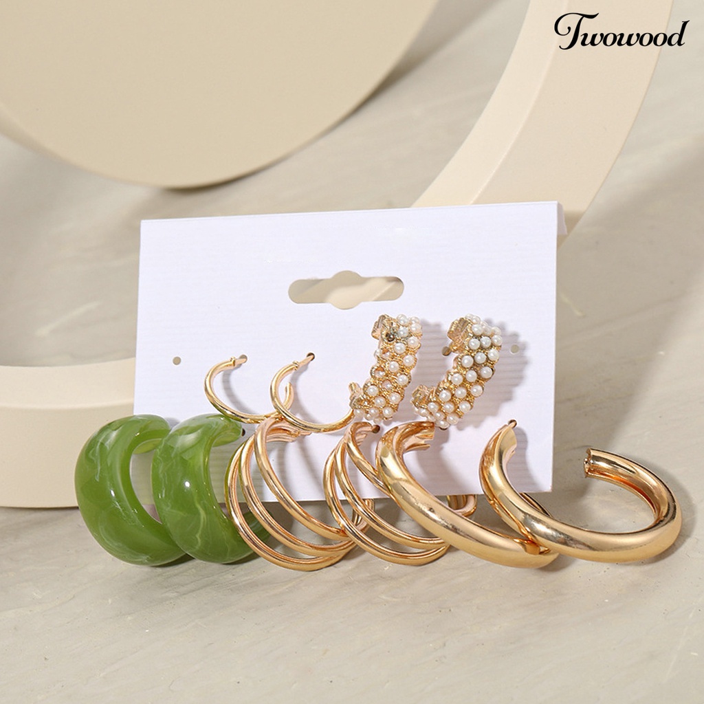 5 Pasang Anting Hoop Bentuk Bulat Aksen Mutiara Imitasi Bahan Metal Gaya Bohemian