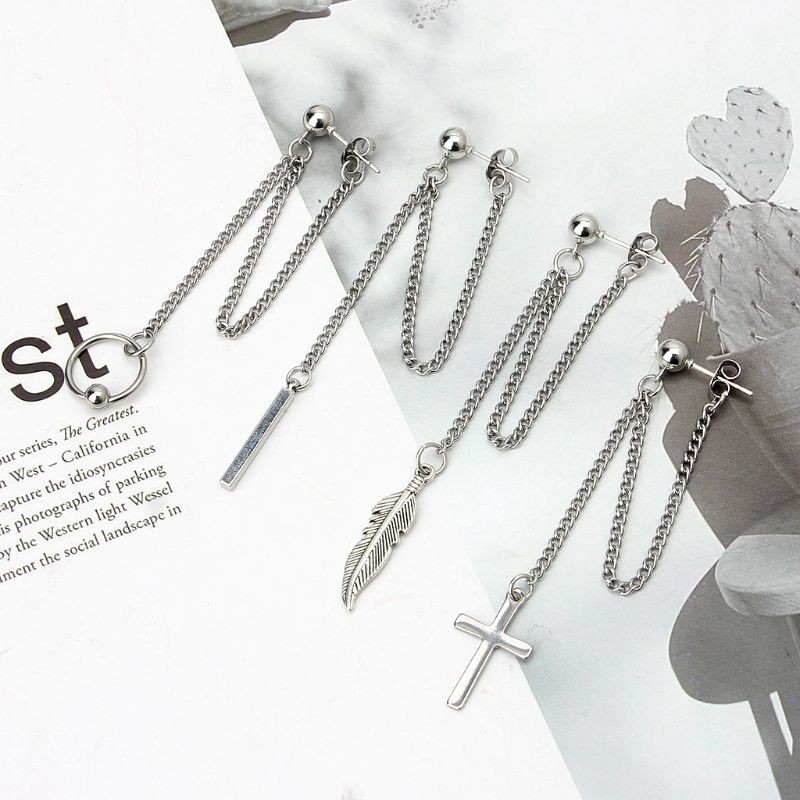 Moonlight&quot; Titanium Steel Korean Bangtang Boys Cross Leaf Pendant Double Chain Earring