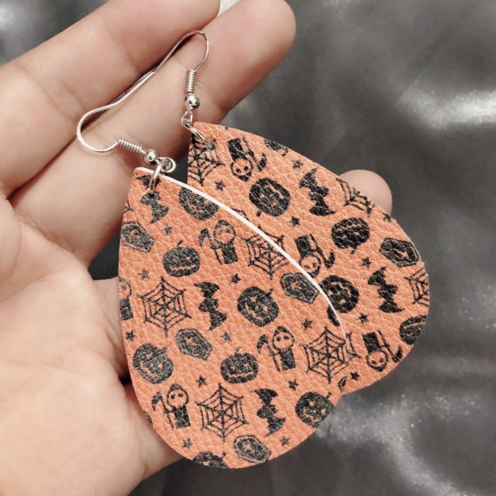 Hu Hu Hu Hu Hu Alat Bantu Pasang Kacamata♡ Anting Kait Gantung Wanita Bahan Kulit Imitasi Desain Tengkoraklabu Tema Halloween