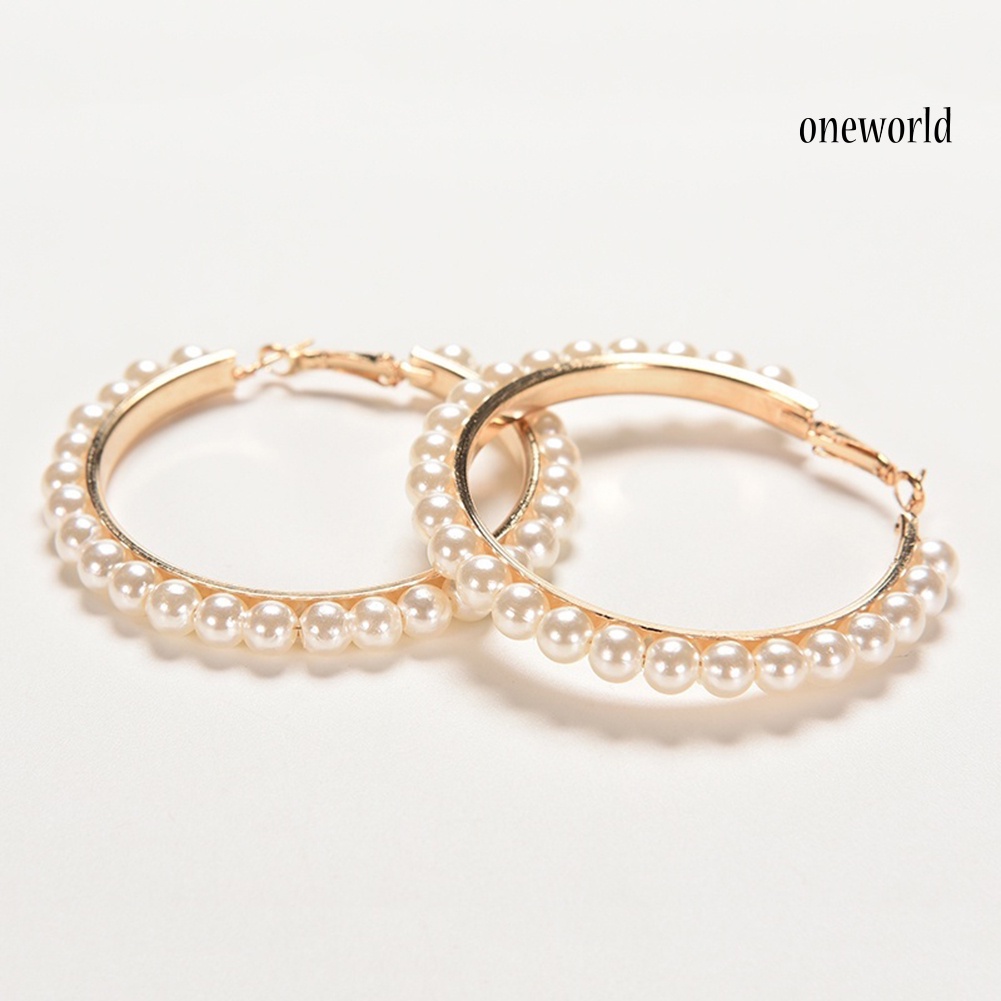 OW@ Fashion Women Faux Pearl Inlaid Large Circle Statement Hoop Earrings Jewelry