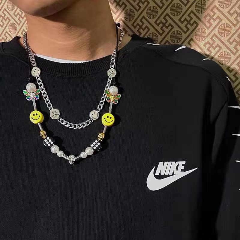 Kalung Rantai Multi Elemen Desain Bintang Smiley Tengkorak Aksen Mutiara Gaya Hip hop Untuk Pria Dan Wanita