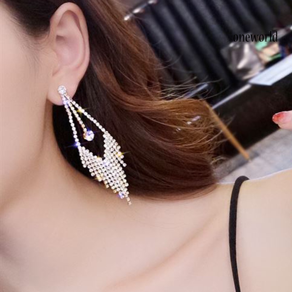 OW@ Luxury Geometric Tassel Rhinestone Long Dangle Women Stud Earrings Jewelry Gift