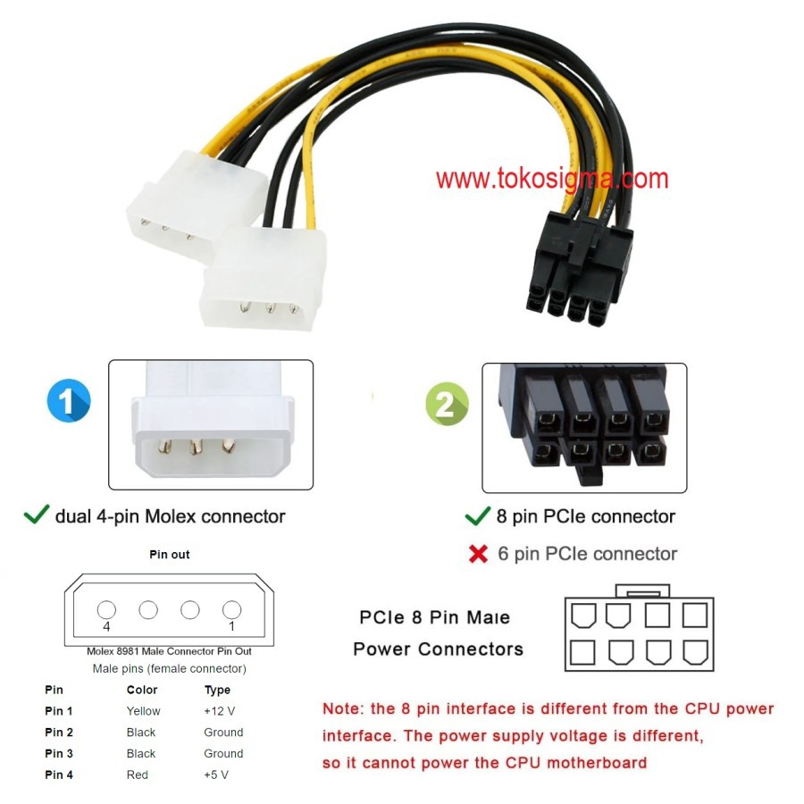 Kabel Power VGA PCI-E PCIe 8 Pin GPU Video Card to 2 Molex IDE 4 Pin