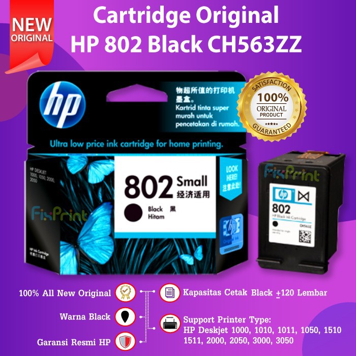 Cartridge HP 802 Black CH563ZZ Tinta Deskjet 1000 1010 1050 2050 3050