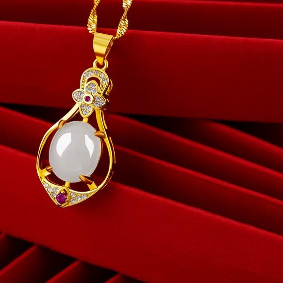 ✴ Fashion Wanita Kalung Emas 24 K Vietnam Pasir Emas Kalung Empat Daun Semanggi Berlian Liontin Perm