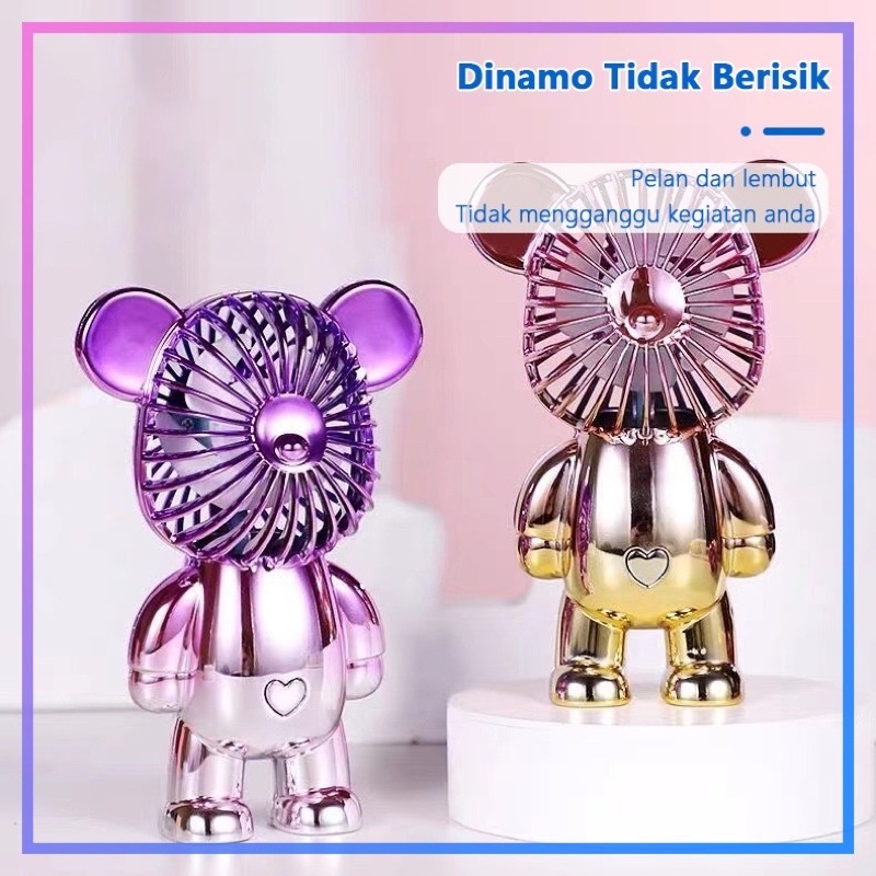 Kipas Angin Mini Portable Karakter Bearbrick Meja USB Cas 3 Pengaturan Kecepatan Bentuk Beruang Alas Anti Selip Bagian Bawah