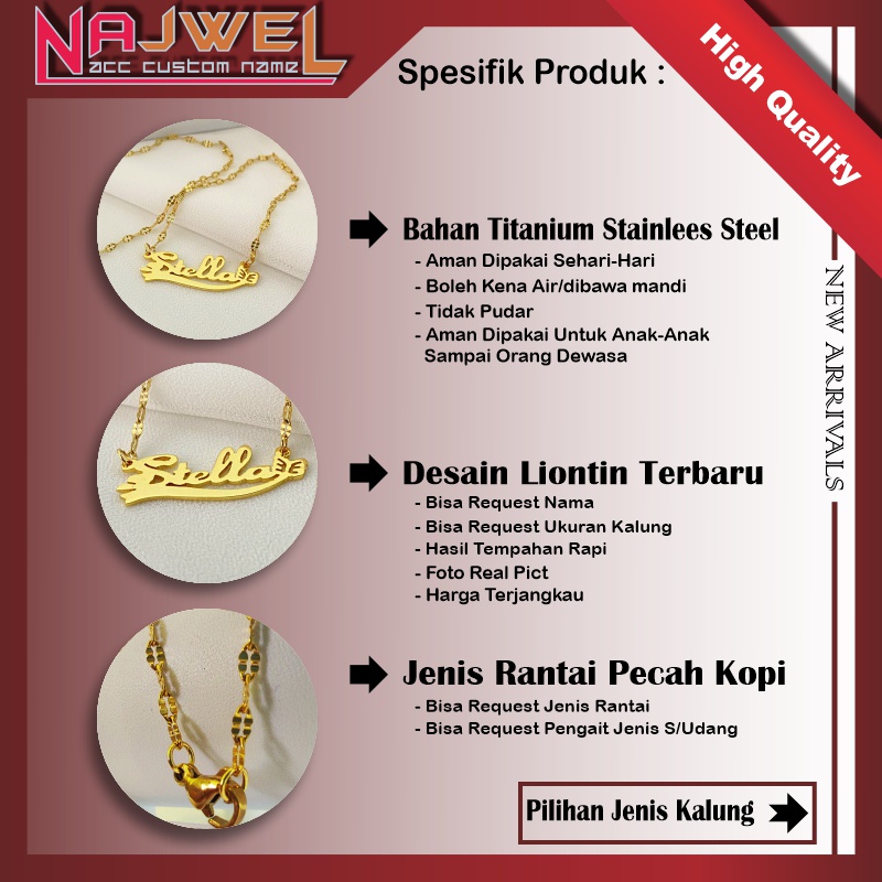 Kalung nama titanium anti karat stenlis steel rantai model pecah kopi gold dan silver aksesoris fashion wanita