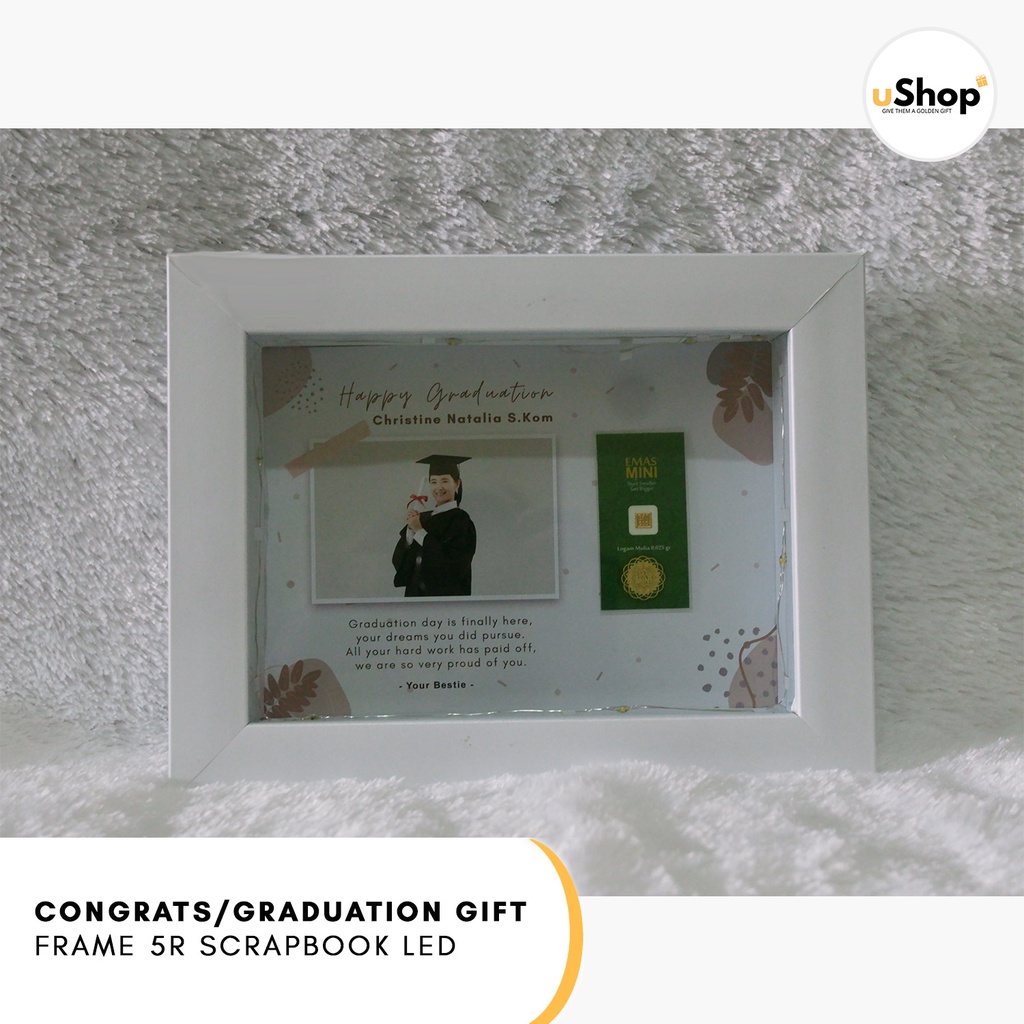 Graduation Congratulation Gift Kado Wisuda Frame 5R Scrapbook LED Logam Mulia Emas Mini