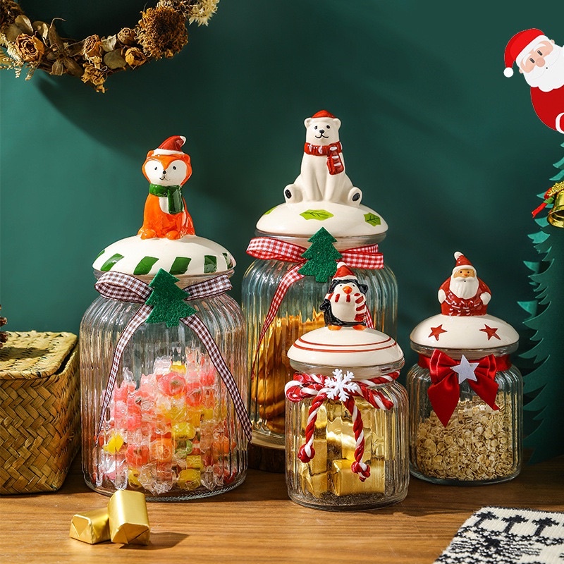(A0430) Toples wadah kaca kue kering natal souvenir hadiah cookies lucu / Christmas glass cookie jar