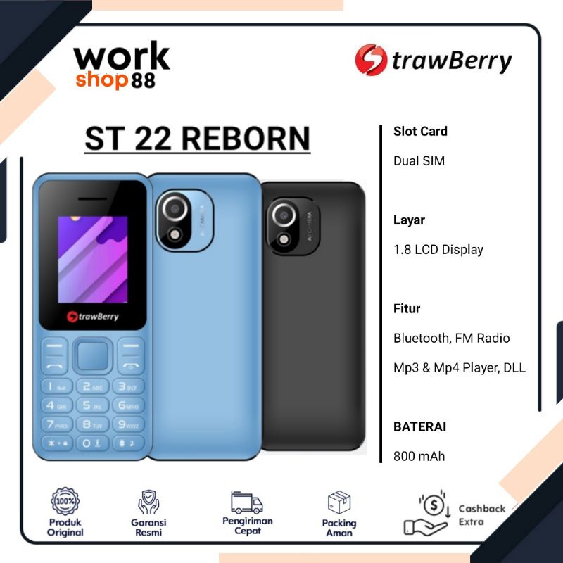 HP Baru Strawberry ST22 REBORN - New Original Garansi Resmi - Candybar, Dual SIM, Mp3 Mp4 Player, Ga