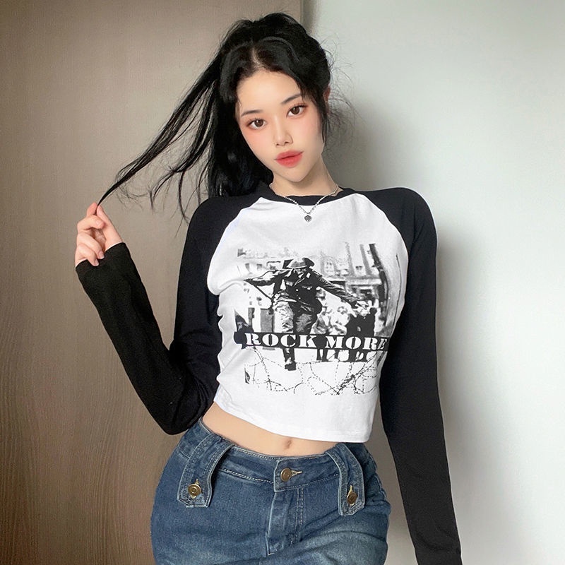 Suhao American Top Rapcopter American Print T-Shirt Wanita Lengan Panjang Raglan Lengan Ramping Atas