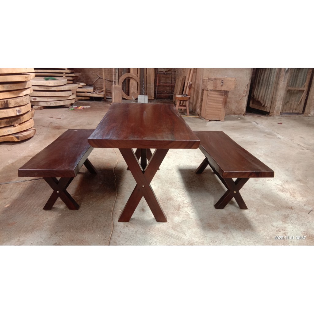 Set meja makan bangku panjang kayu trembesi
