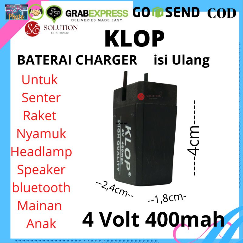 Baterai Aki Kering KLOP 4 Volt 400Mah Untuk Senter Raket Speaker Mini Bluetooth Baterai Charger