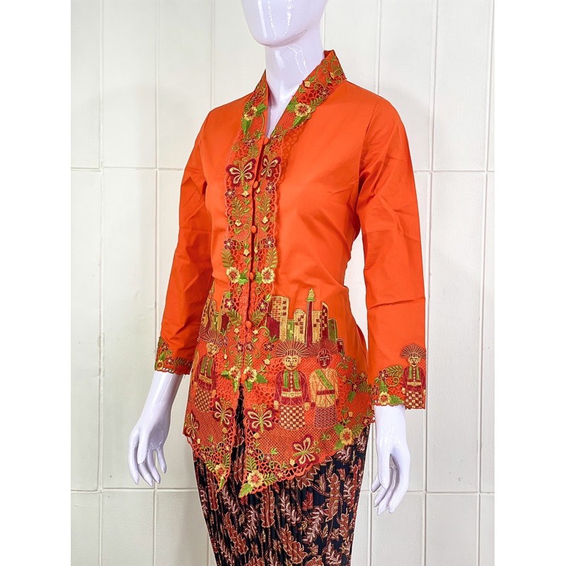 OSW03 - Daliyu KEBAYA ONDEL BETAWI ENCIM KARTINI LENGAN PANJANG BORDIR Katun Stretch / M L XL XXL-Orange
