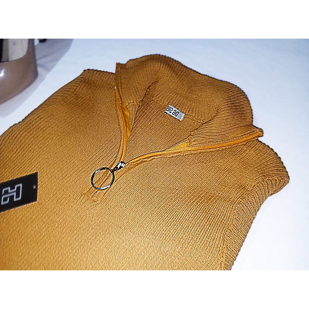 atasan rajut wanita lengan panjang RH kerah tinggi zipper salur sweater polos turtleneck resleting sweater rajut wanita