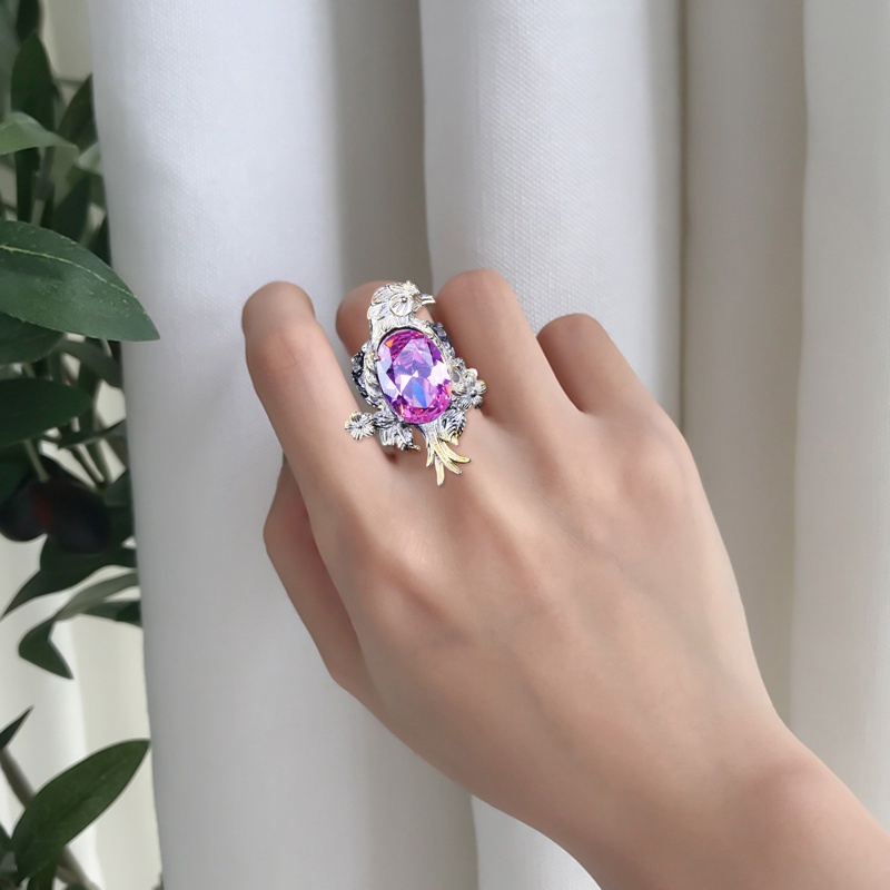 Fancyqube Cincin Model Terbuka Desain Elang Hias Kristal Berlian Warna Kuning Merah Muda Gaya Italia Retro Untuk Wanita