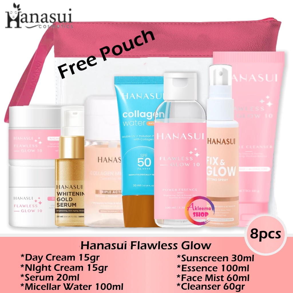 Paket Hanasui Flawless Glow 8pcs (day+night+serum gold+micellar+sunscreen+essence+face mist+cleanser)