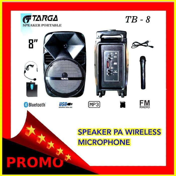 SPEAKER AKTIF WIRELESS BLUETOOTH TARGA MIC HEADSET DAN HANDLED WIRELESS