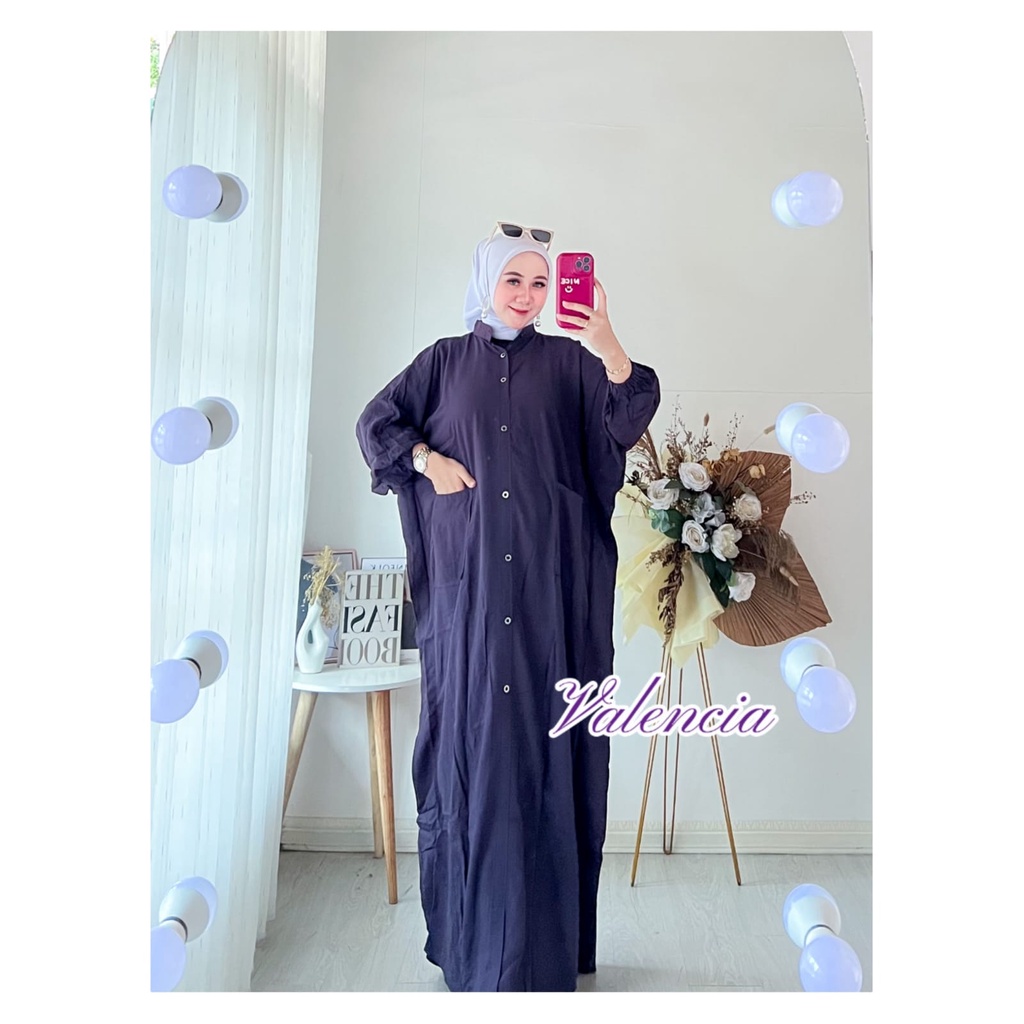 Kaftan Wanita Jumbo Kancing Rayon Premium Dress Gamis Kerah Shanghai Pakaian Muslim Kekinian LD 160 cm