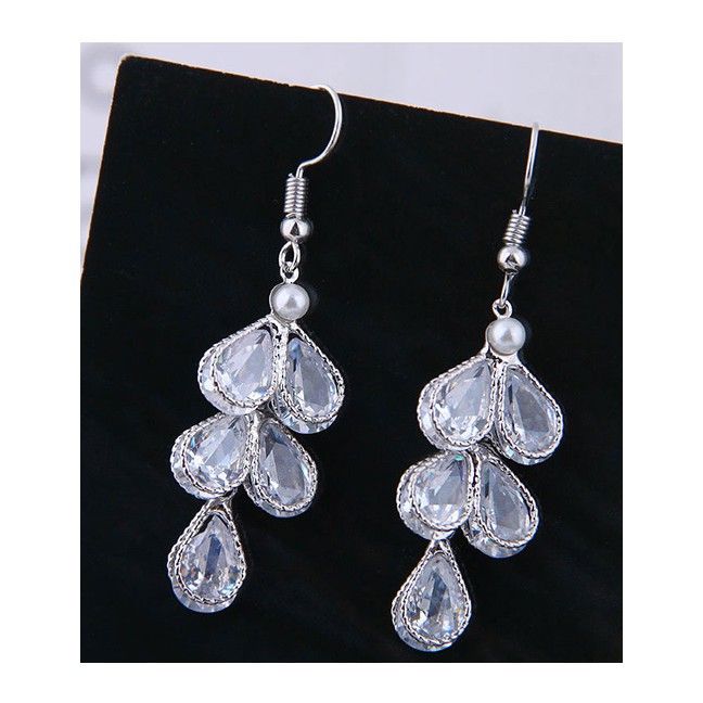 LRC Anting Gantung Fashion Silver Zircon Earrings With Water Drops A58174