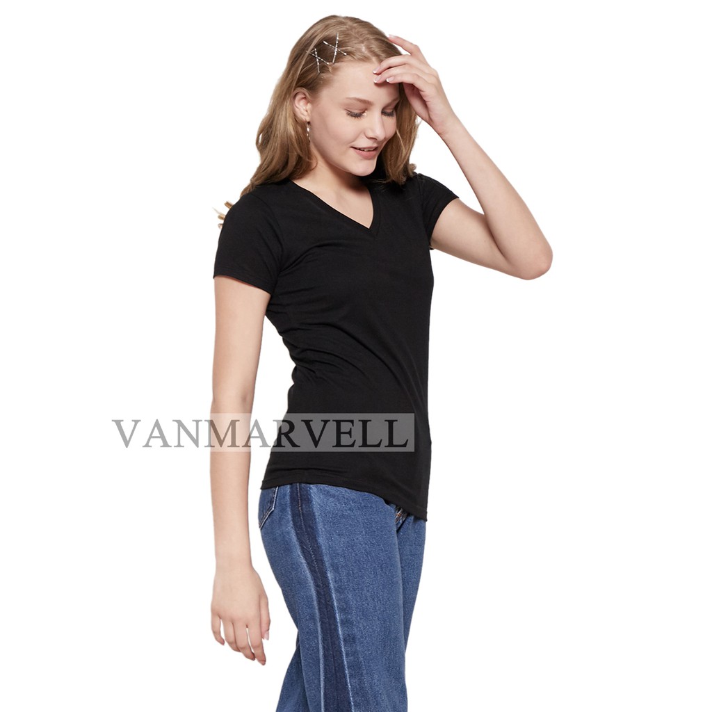 Vanmarvell  Kaos V Neck Wanita Polos Pendek - Hitam