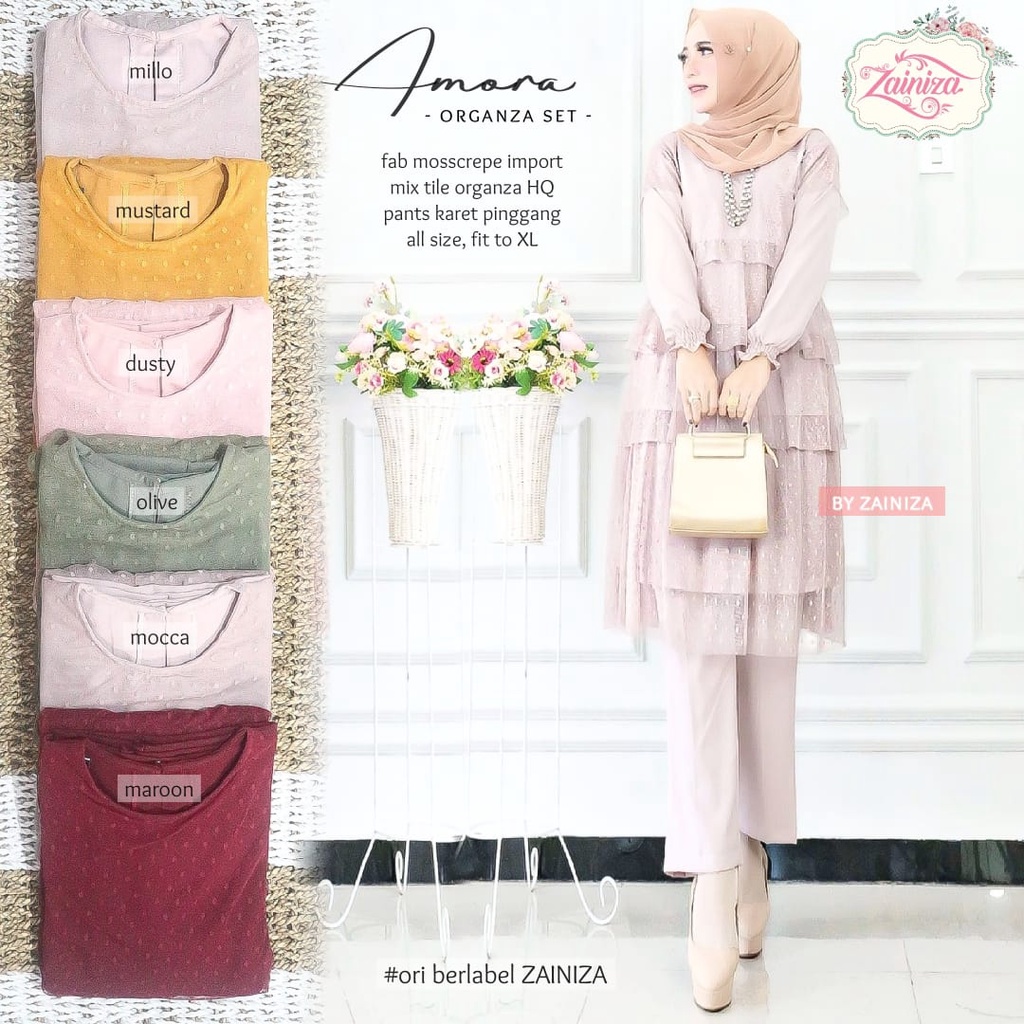 HIJABBSTORY Amora Organza Set LD100 Fit XL Set Celana Mosscrepe Tile Set Wanita  ZNZ MEONG