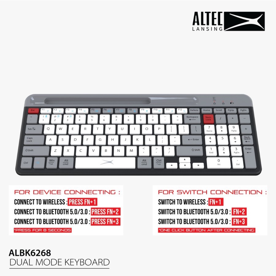 Altec Lansing Keyboard Dual Mode Wireless + Bluetooth ALBK6268 Phone Holder Rechargeable