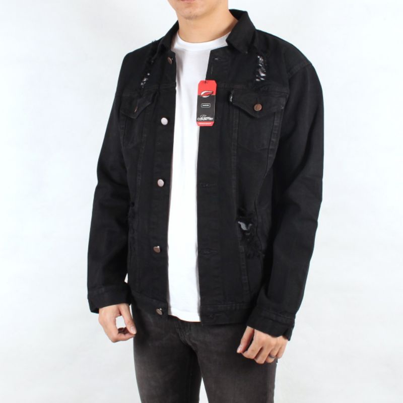 Jaket Jeans Pria Original Ripped Sobek Hitam denim