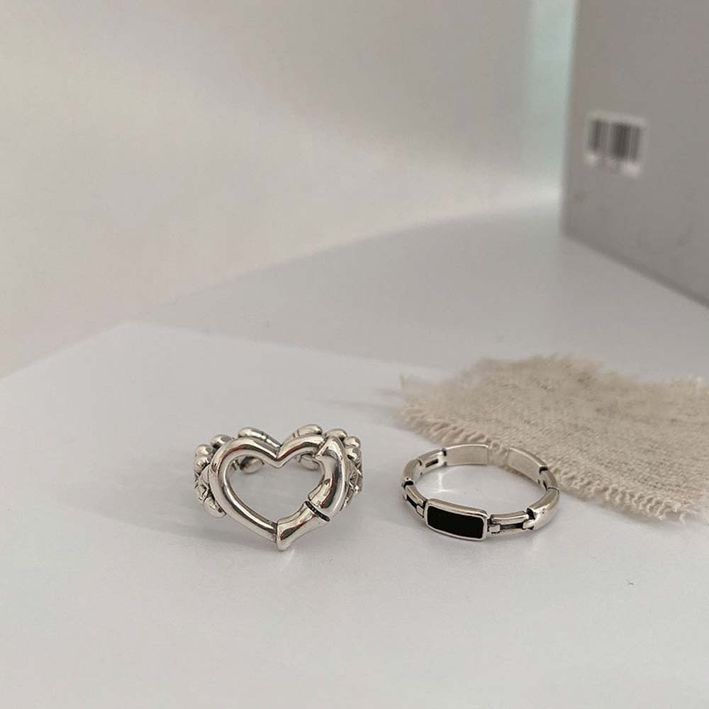 Needway  Temperament Open Rings Simple Fashion Jewelry Metal Rings Women Korean Black Chain Personality Heart Shaped Silver Plate Finger Rings