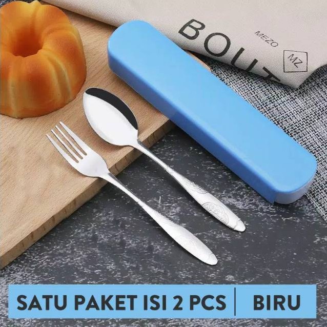 (NCS) Sendok Garpu Kotak Stainless Steel Travel dengan Kotak Biru Hijau Kuning Pink 3 in 1 set isi 3 pcs