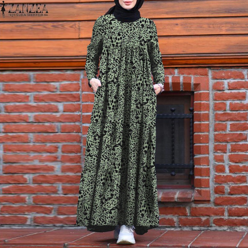 ZANZEA Women Long Sleeve Vintage Printed Muslim Loose Maxi Dress