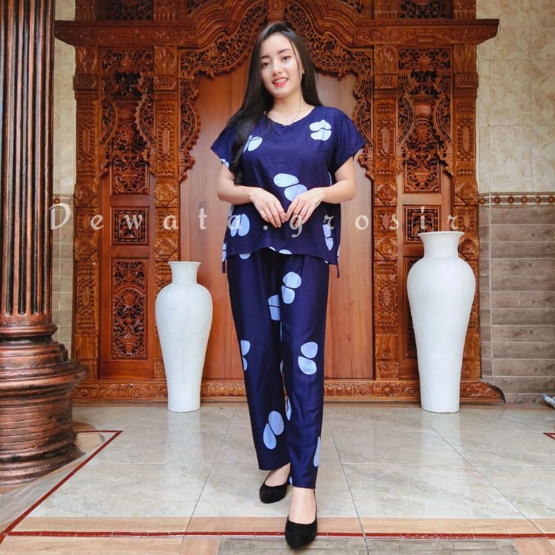 BAJU WANITA PIYAMA BAJU TIDUR SETELAN ONE SET BABYDOLL RAYON SUPER KOPI BALI ROBUSTA TERLARIS-Kopi navy