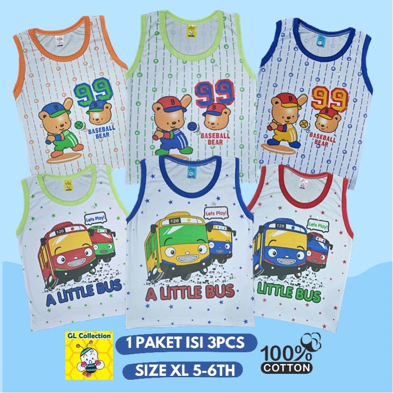 [Bundle Isi 3pcs]Atasan Kaos Kutung Anak 100%Katun Size XL All Size 5-6 Tahun Tayo / Baseball