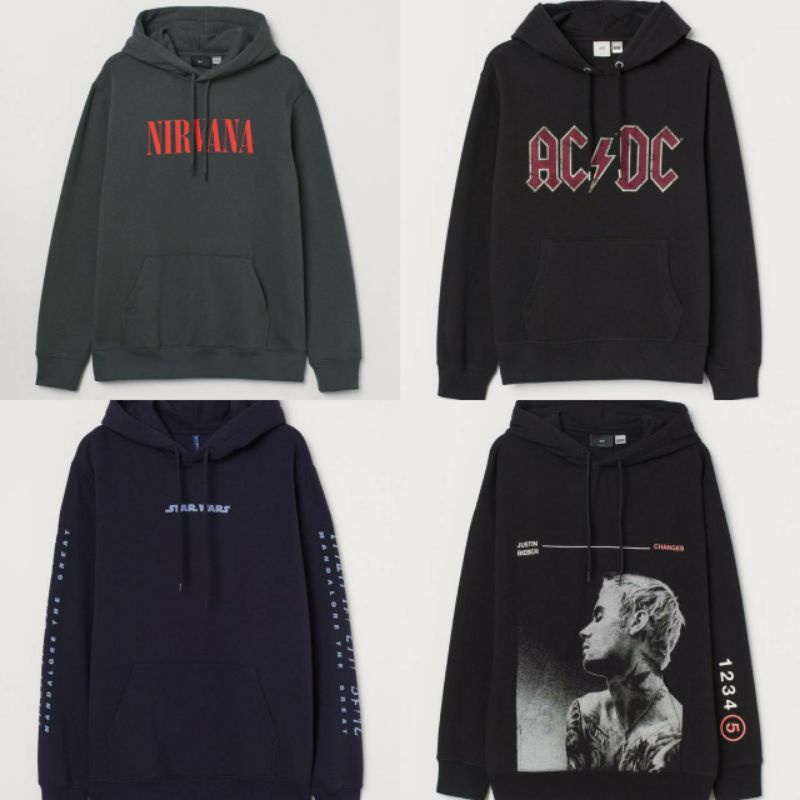 HOODIE H&M 100% ORIGINAL NIRVANA GREY FONT RED / ACDC / STARWARS NAVY / JUSTIN BIEBIER