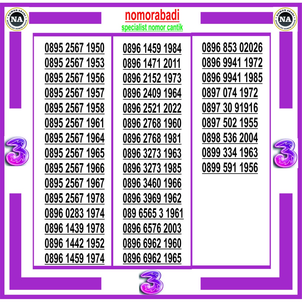 nomor cantik tri tahun h60