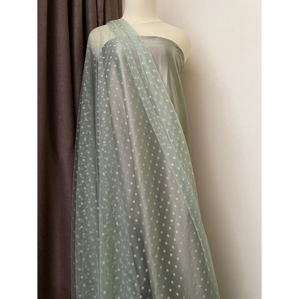 Bahan Kain Soft Tile Tille Tule Tulle Dot Dotty Warna Hijau Sage Green