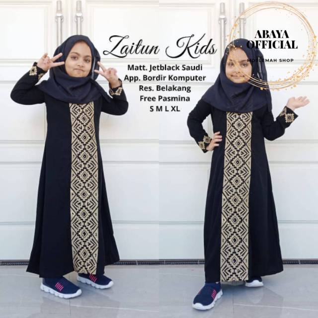 Abaya gamis hitam arab jetblack turki umroh anak anak bordir zaitun