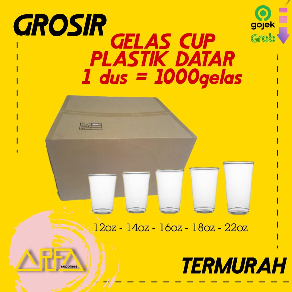 GROSIR Satu Dus Cup Gelas Datar 12oz 14oz 16oz 18oz 22oz Bahan PP