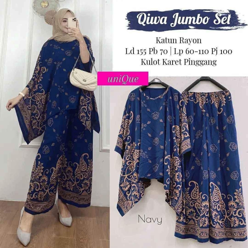 Qiwa Jumbo Set - One Set Jumbo Wanita Rayon Premium Setelan Celana Kulot Jumbo Batik Kekinian