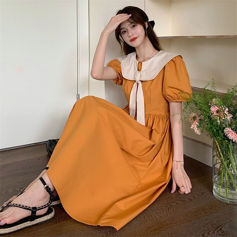 [MikanHiro Store] Korean style chic doll collar dress women's summer French Hepburn hit color matching received waist slim puff sleeves long dress