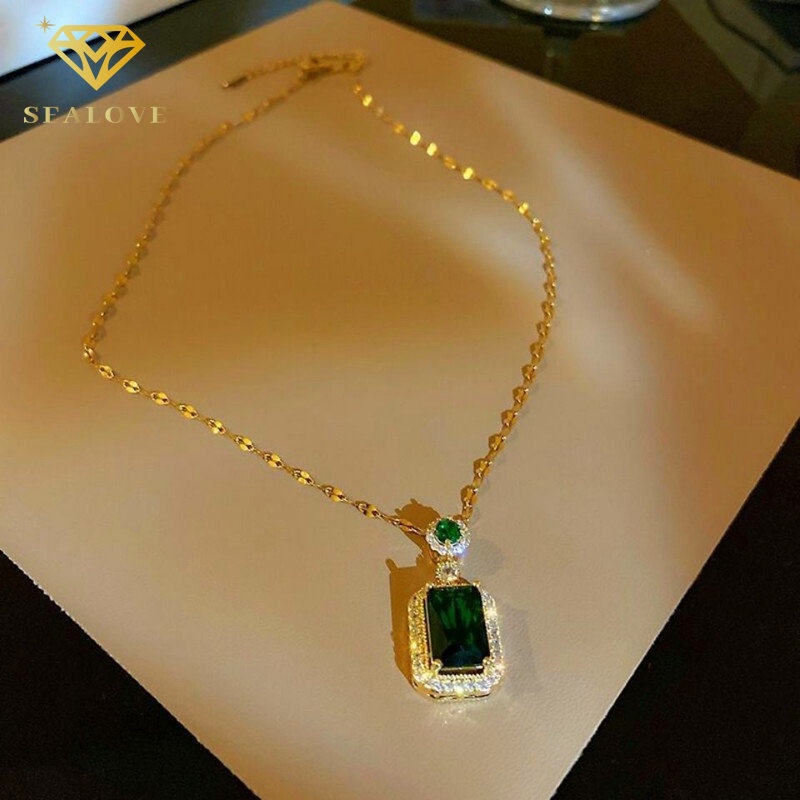 SEALOVE Kalung Permata Hijau Zamrud Titanium Asli Anti Karat Kalung Wanita Berlian Persegi Aksesoris Korea Premium