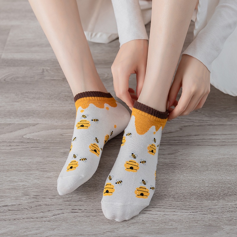 OVERFLOWS.ID Kaos Kaki Wanita Motif Bunga Lebah Bee Kuning Women Sock Fashion Korea Import Murah