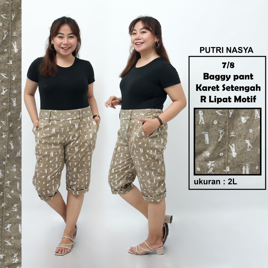 Celana 7/8 jumbo motif Resleting karet/ baggypant jumbo / celana pendek 8L-6L-5L-4L-2L-XL-S fit to L