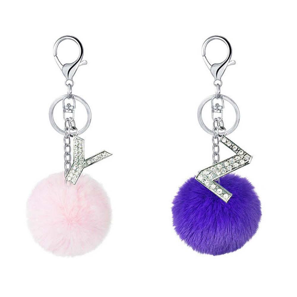 Lanfy 26huruf Gantungan Kunci Wanita Hadiah Fashion Multicolor Ornamen Perhiasan Mobil Keyring Handbag Charms Rumbai Liontin Berbulu Pompom Bola Bulu 26huruf Key Chain